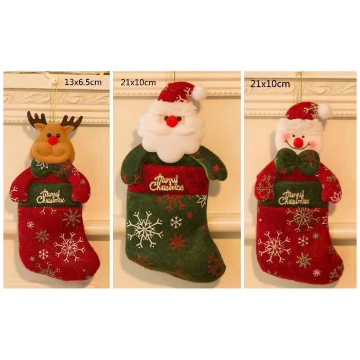 lot de 3 chaussettes de Noël pour enfants À remplir de cheminée, bonhomme de neige, père Noël, renne, sapin de Noël