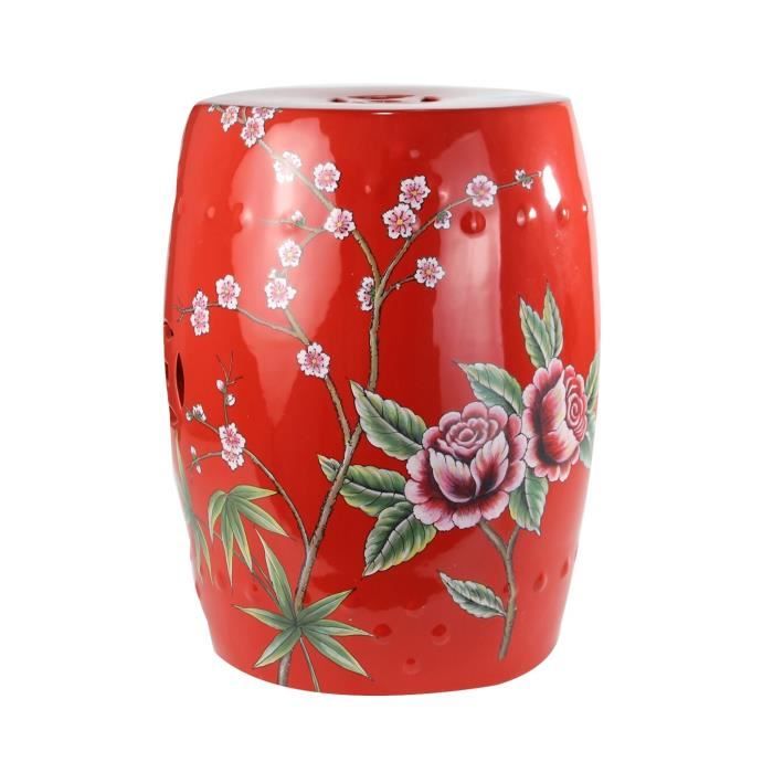 Fine Asianliving Tabouret en Porcelaine Céramique Chinois Paon Rouge Diam33 x H 45 cm