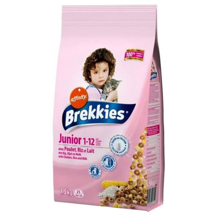 Brekkies Junior Chats 1-12 mois Croquettes au Poulet Riz et Lait 1,5Kg (lot de 3)