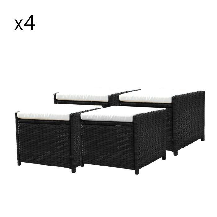 Lot de 4 poufs en résine tressée Miami noir-blanc