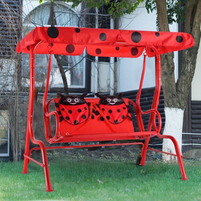 COSTWAY Balancelle de Jardin pour Enfants 2 Places Toit Tissu Anti-UV Balançoire Jardin pour Enfants Chaise Motif de Scarabée Rouge