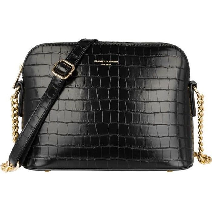 David Jones - Petit Sac Bandoulière Femme Cuir PU Vernis Crocodile - Sac à Main Chaîne Dorée Porté Epaule Besace Sacoche Chic - Noir