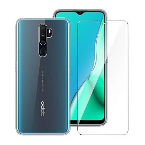 LJSM Coque pour Oppo A9 2020 + Verre trempé écran Film Protecteur - Transparent Souple Silicone Étui Protection Housse TPU Case Cove