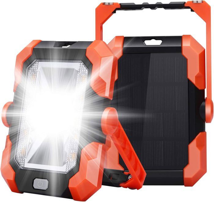 Projecteur LED Rechargeable Charge Solaire USB Projecteur Chantier Lumière Lampe avec 4 Modes SOS Rotation à 360° Poignée