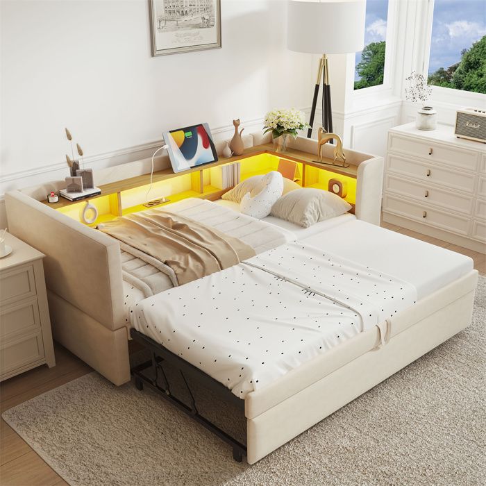 Lit Gigogne 90x190cm Lit 1 Place avec Rangement et LED pour Adulte Ado avec Prises Intégrées Canapé-Lit Extensible 180cm Beige