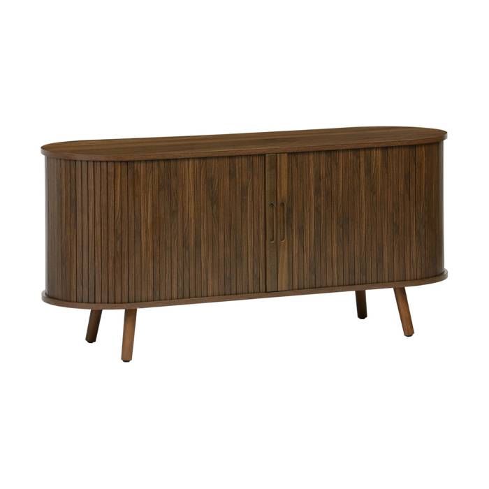 Meuble TV scandinave 2 portes coulissantes. 4 compartiments. décor bois rainuré noyer. L120 x 40 x 57 cm Meuble TV scandinave 2 portes coulissantes. 4 compartiments. décor bois rainuré noyer. L120 x 40 x 57 cm