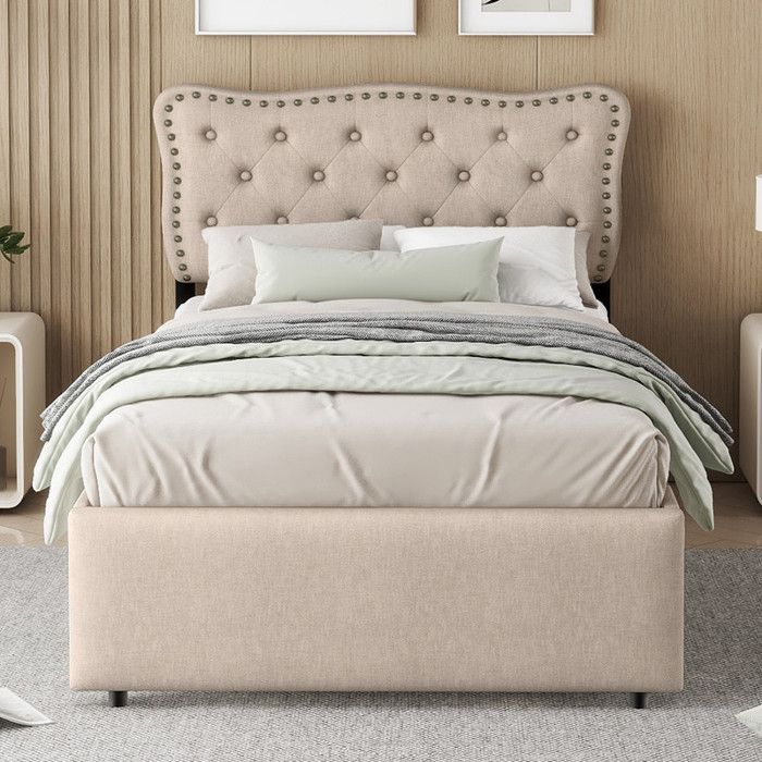 Lit capitonné 90*200cm avec tête de lit décorative rivetée tiroirs doubles beige foncé (matelas non inclus)