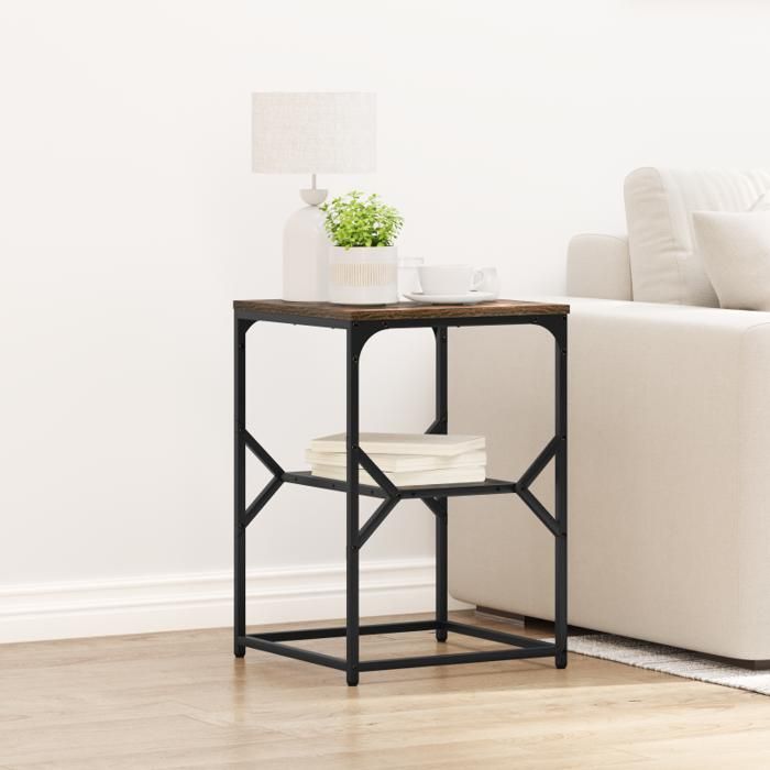 Table dappoint carrée chêne fumé 41x40x60 cm - Pieds métal noir style industriel