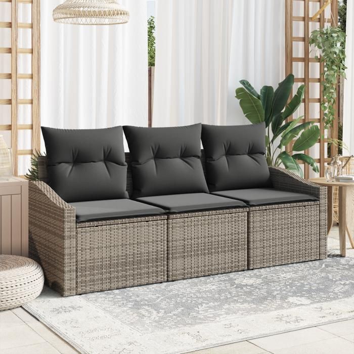 Ensemble de Salle à Manger de Jardin 3 Pièces avec Coussins Gris Poly Rattan