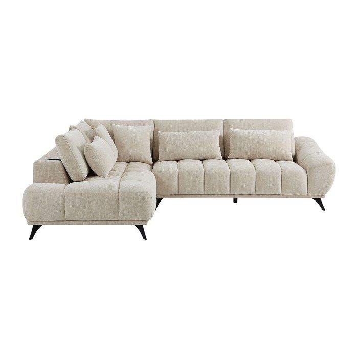 Canapé dangle gauche avec dossier relevable en velours texturé beige MAVIRO Canapé dangle gauche avec dossier relevable en velours texturé beige MAVIRO