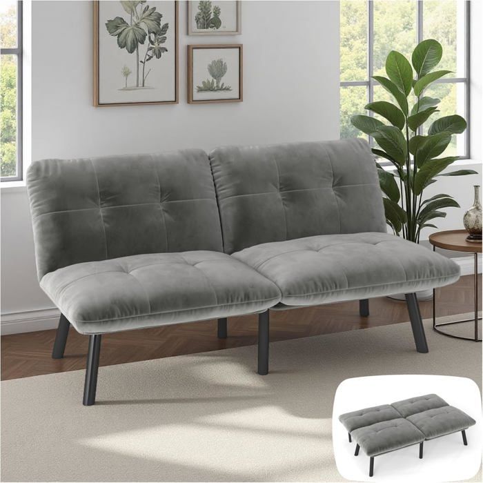 Canapé Convertible 3 Places Olympia En Velours Noir - Pieds En Bois Avec Finition Dorée - Design Moderne Et épuré - Pour Salon Ou Chambre D'amis
