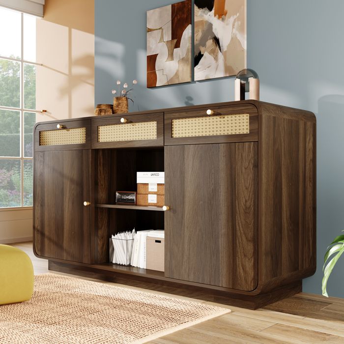 Commode-Buffet avec 3 tiroirs + 2 caissons + étagère ouverte Armoire de rangement - Placard Hauteur réglable - 120 x 40 x 85 cm