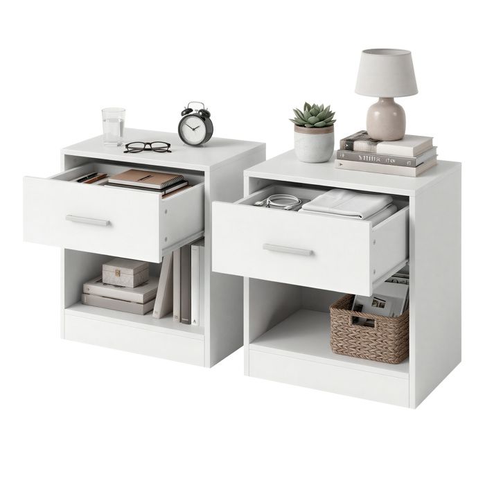 Table de nuit - Lot de 2 - Blanc - Tiroir - Design contemporain