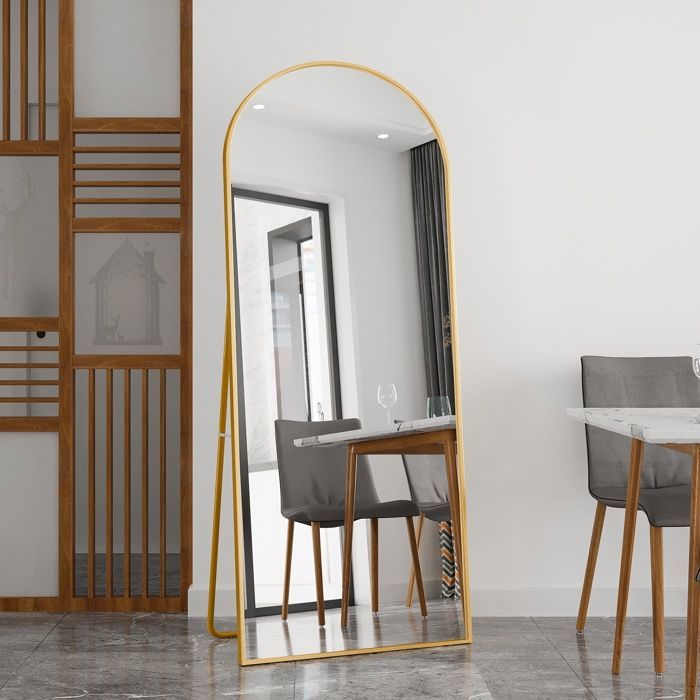 ECHOLYMTT Miroir Sur Pied Ou Mural 180x65 Cm – Arche Dorée Verre Trempé XXL – Salon Chambre Élégance