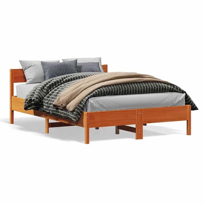 Structure de lit en bois - UU - 160x200 cm - Bois de pin massif - Cire marron - Lattes en contreplaqué - Tête de lit