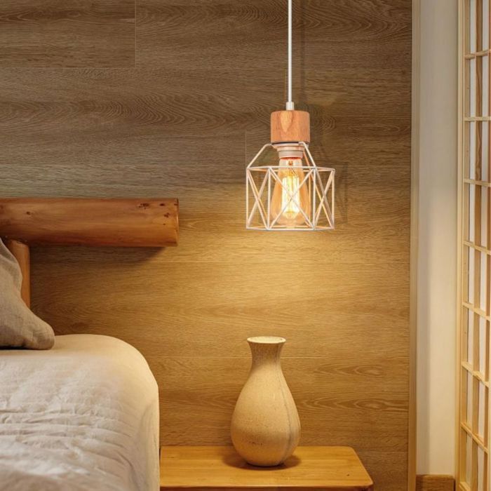 Suspension luminaire - SMOTOP - E27 1 ampoule - Cage métal & bois Ø14 5 cm - Style scandinave vintage