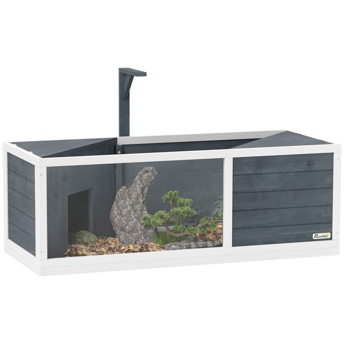 Maison pour tortues - PawHut - 2 zones toit ouvrant et support lampe - habitat terrarium pour tortue terre - bois -120 cm - gris