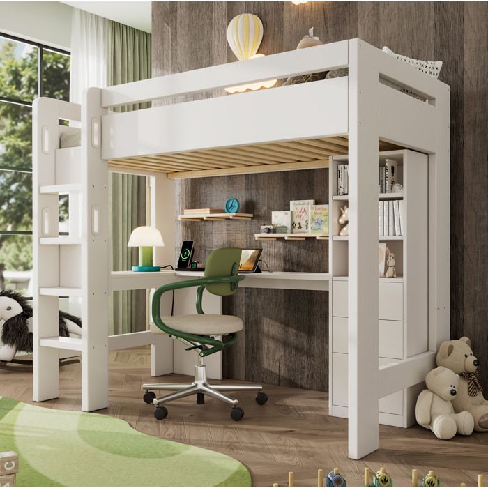 Lit mezzanine 90x200 cm avec bureau en L rangements et charge USB Type C cadre bois blanc Sans matelas