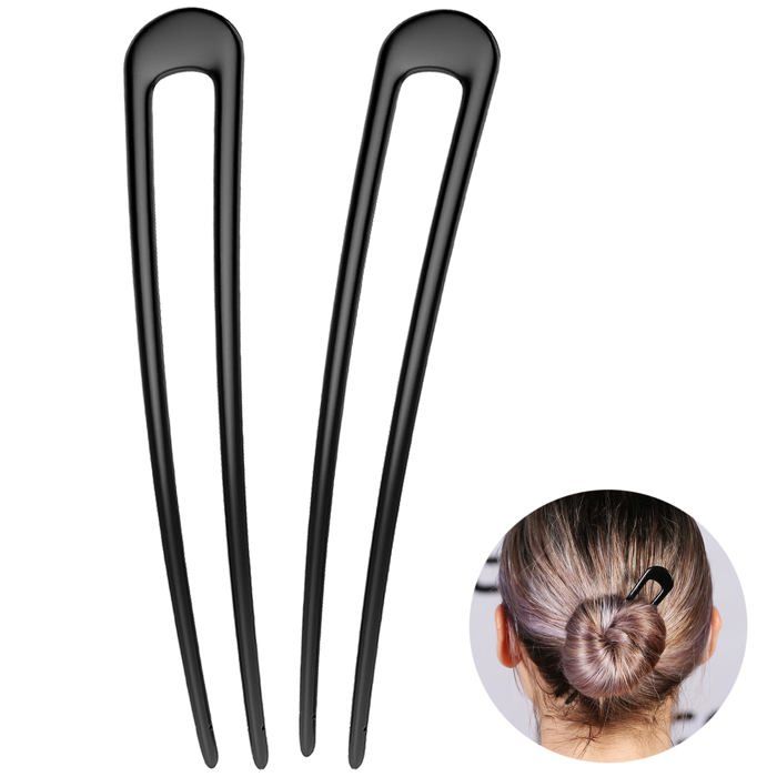 Pince à cheveux française fourchette à cheveux en métal chignon extra long en forme de U (noir - lot de 2)
