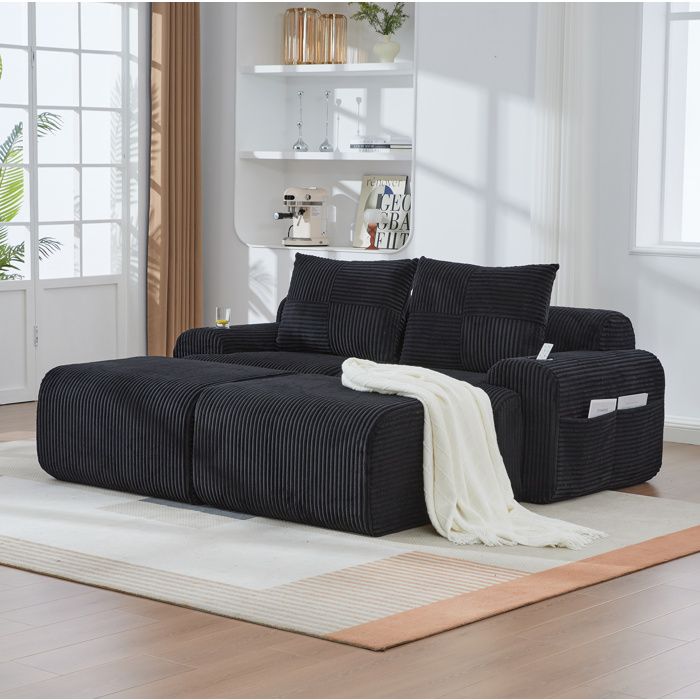 Canapé modulable 2 places noir L 200 x P 174 x H 80 cm avec 2 poufs porte-gobelet