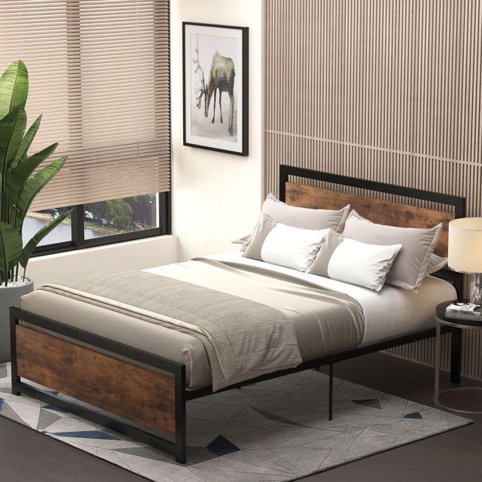 Cocosity Cadre De Lit Double En Acier Avec Sommier Et Tête De Lit Compatible Matelas 190 X 140 Cm Aspect Bois Foncé