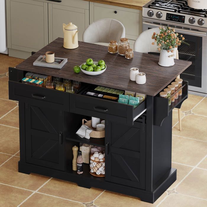 Îlot de Cuisine Mobile 120x45(70)x91 cm avec Plateau Rabattable 2 Portes Coulissantes 2 Tiroirs et 5 Roulettes - Noir