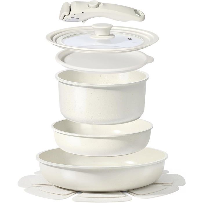 Batterie de cuisine céramique - LEVYS - 8 pièces - Antiadhésif - Poignée amovible - Compatible induction