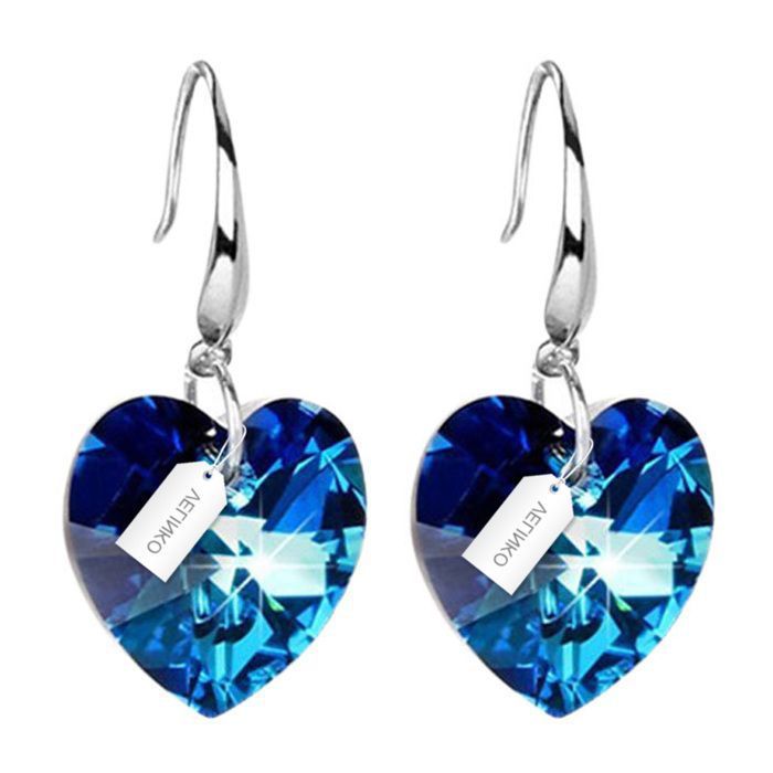 Boucles oreilles argent - VELINKO - S925 pendantes longues 2 x 2 x 2 cm cristal bleu femme Agréable à porter Savoir-faire exquis