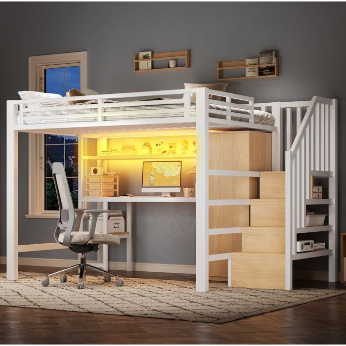 Lit mezzanine 140 × 200 cm en métal blanc avec bureau armoire et étagère