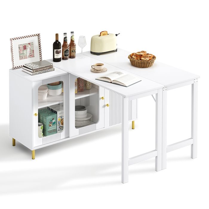 Desserte de Cuisine Blanche avec Plateau Convertible et Portes en Verre - Îlot de Cuisine Évolutif avec Pieds Dorés pour Salon