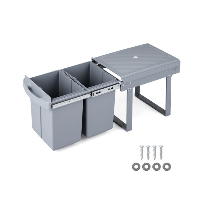 COSTWAY Poubelle Coulissante Sous Évier Double Bac 40L Extractible avec Coulisses Métalliques et Couvercle ABS Gris