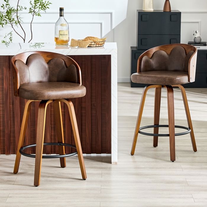 Lot de 2 Tabourets de Bar Pivotants - Dossier Fleur en Bois Courbé Noyer et PU Marron - Chaise de Bar Ergonomique et Stable