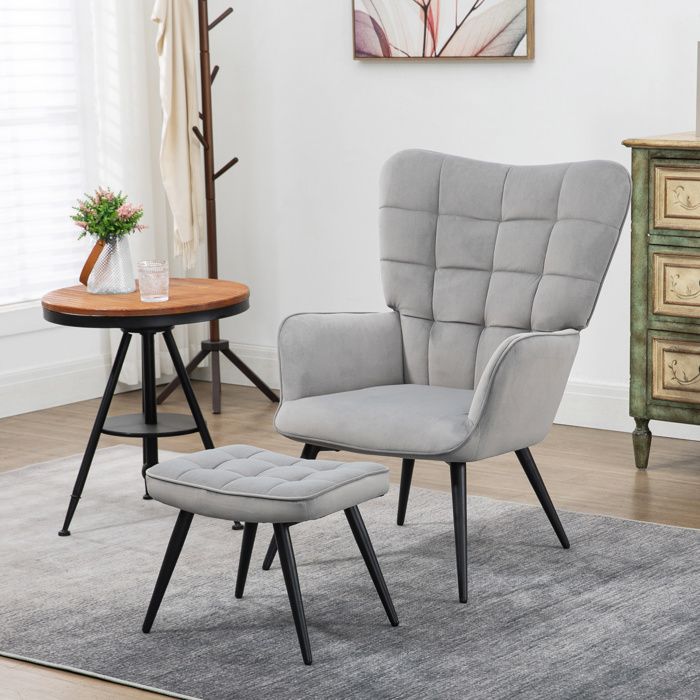 Fauteuil relax - Fauteuil à oreilles - Lot de 2 (fauteuil + repose-pieds) - Revêtement velouté gris - Pieds acier