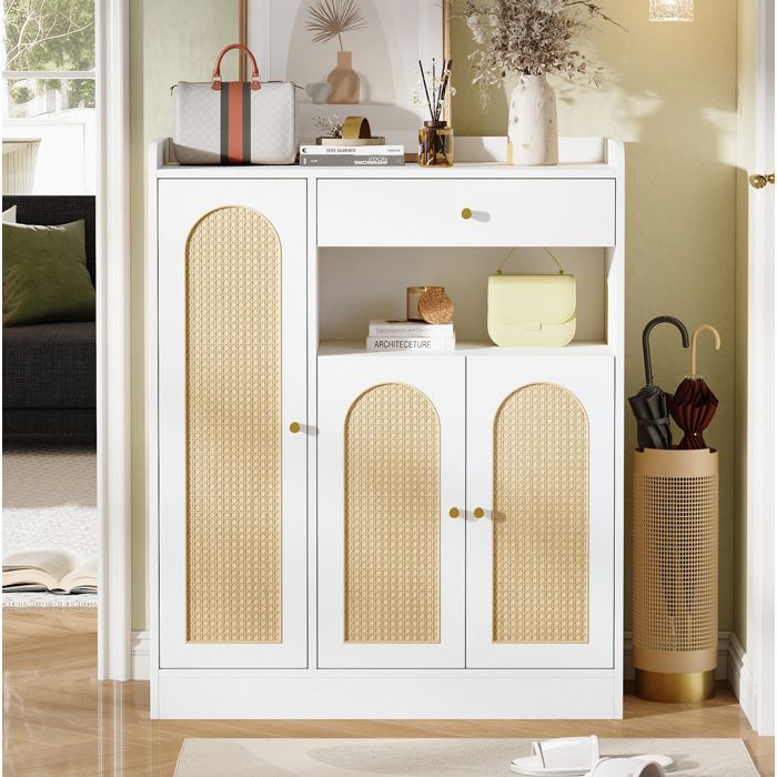 Modenuit meuble à chaussures rotin 90 x 35 x 110 cm avec 3 portes 1 tiroir étagères réglables blanc et naturel