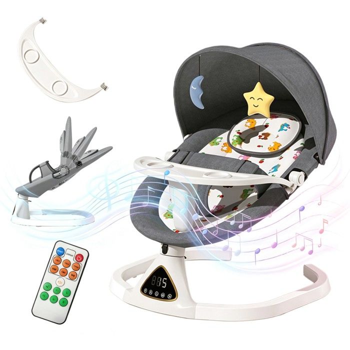 Chaise Bascule Bébé Électrique Intelligente Berceau 0-18M Bluetooth LED & Télécommande Moustiquaire Gris