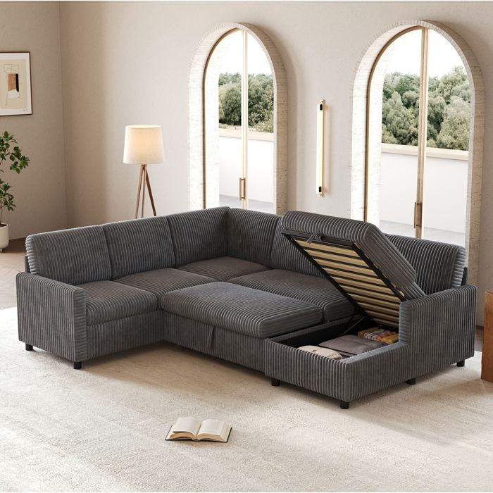Canapé dangle en U convertible 5 places avec méridienne rangement velours côtelé gris 274 x 220 x 85 cm