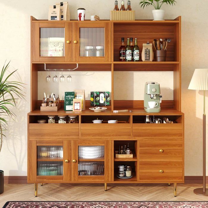 Buffet de Cuisine Armoire avec Porte en Verre - Meuble Vaisselier pour Salle à Manger - Espace de Rangement-145x39x171cm-Brun