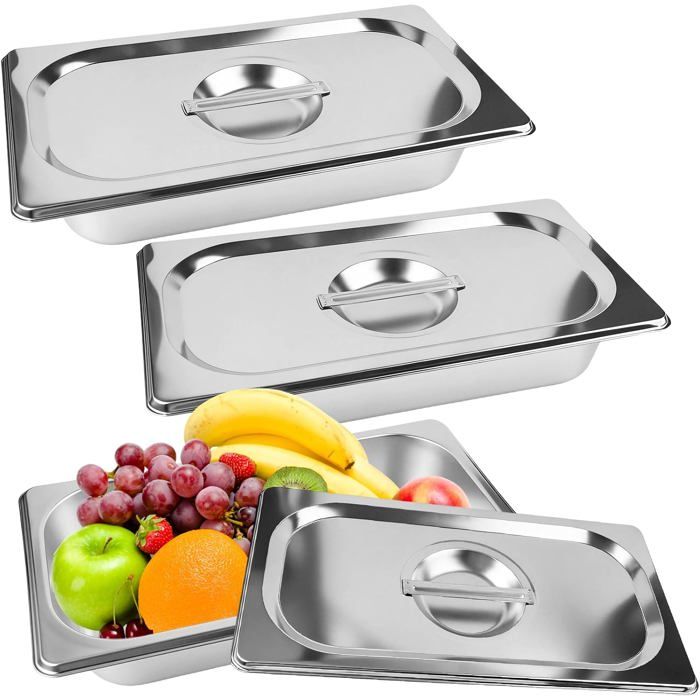 Lot de 3 plateaux gastro inox GN 1/3 avec couvercle  325 x 175 x 65 cm  qualité alimentaire résistant à la rouille