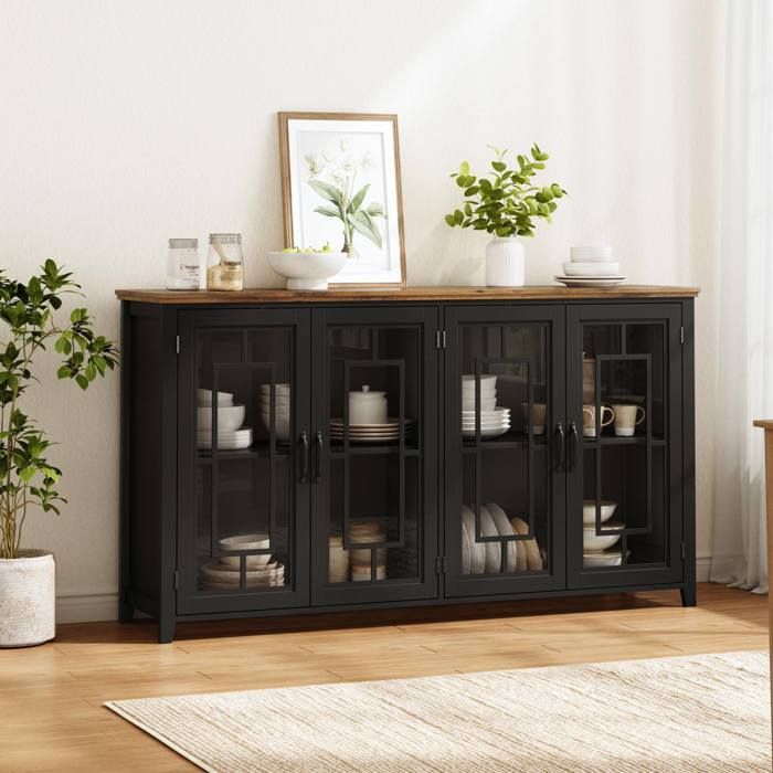 ULEVR Buffet de cuisine 160 cm noir avec portes vitrées plateau aspect bois et kit anti-basculement