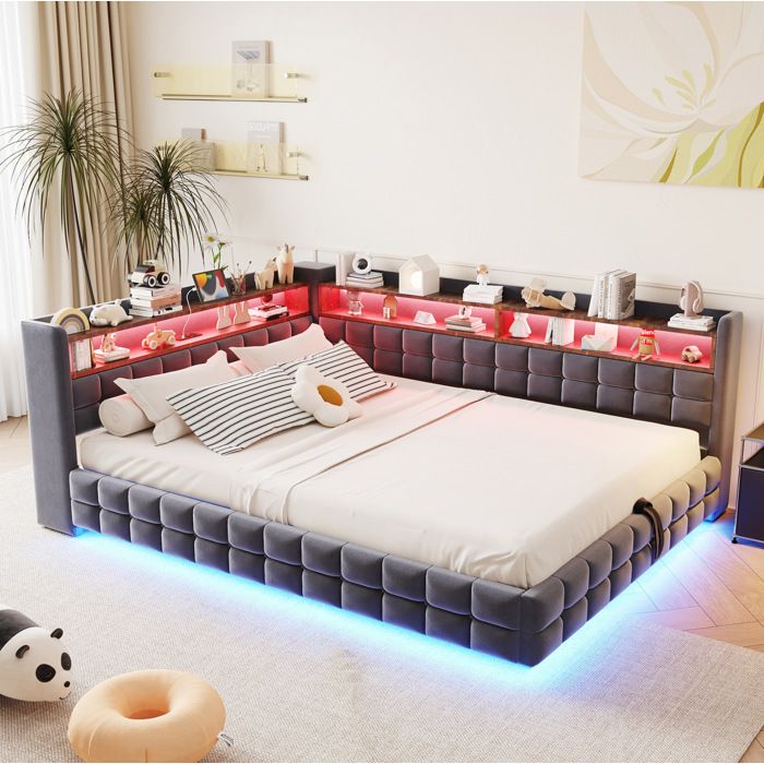 Lit combiné rembourré 140x200 cm gris avec rangement hydraulique étagères LED USB et USB-C