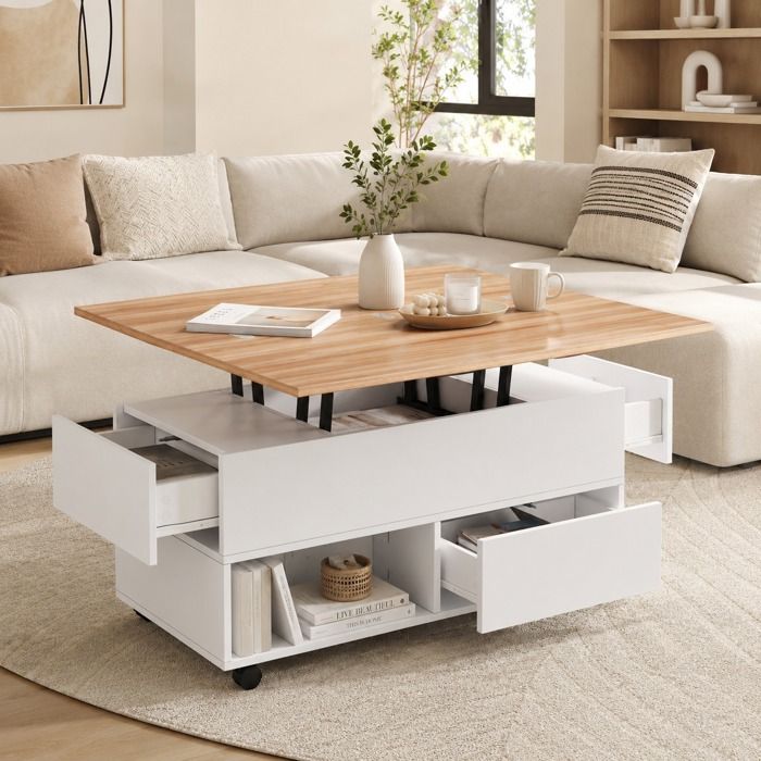 COZHYESS Table Basse avec Plateau Relevable 4 Tiroirs et Rangement avec Roulettes Blanc et Couleur bois