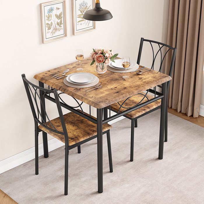 Ensemble table à manger 3 pièces –Table carrée et 2 chaises –Idéal pour cuisine ou petit appartement –Style rétro classique – Marron