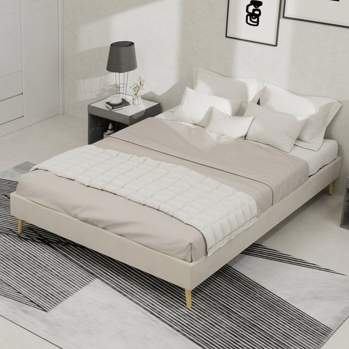 Lit plateforme 140x200 cm velours beige cadre bas minimaliste sans tête de lit sans matelas