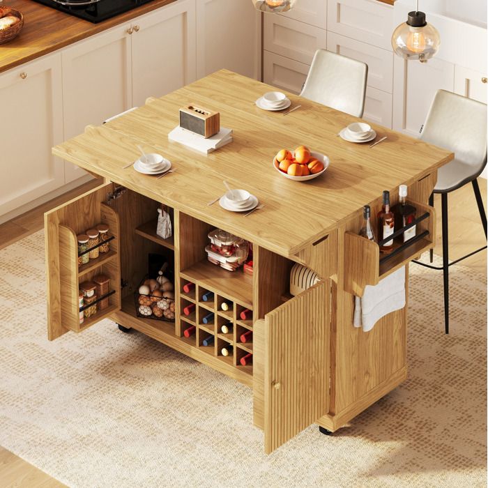 Île de cuisine à roulettes avec table escamotable et rangement - TCQPZ - porte-bouteilles en MDF Marron naturel