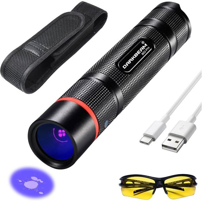 Lampe Torche UV 365nm Puissante Lumière Noire LED Mini Lampe Wood Rechargeable USB Portable Lampe de Poche Ultra Violet