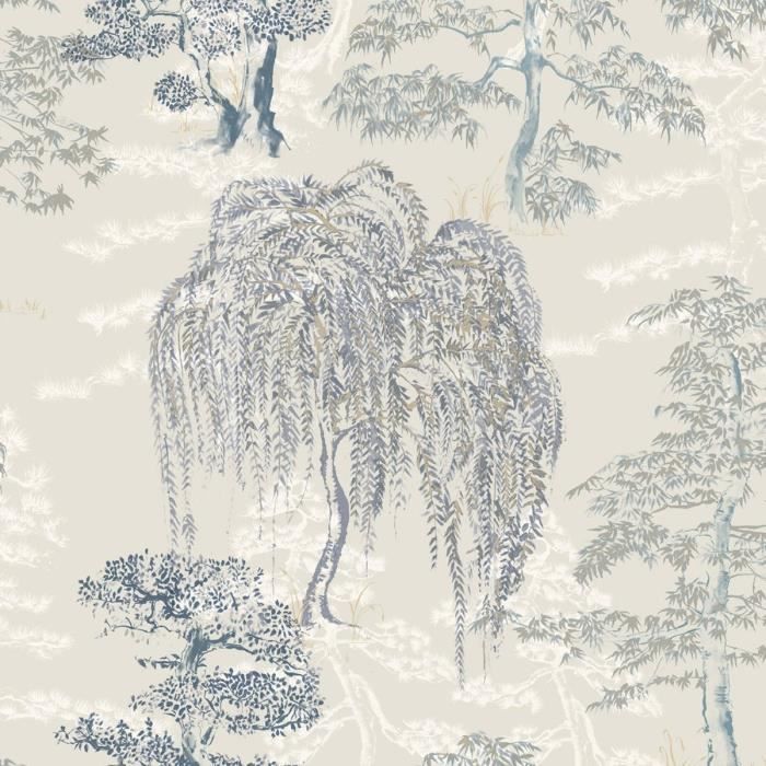 Papier Peint Jardin Japonais Arthouse - Motif Arbres, Oiseaux, Couleur Gris Ocre Marine