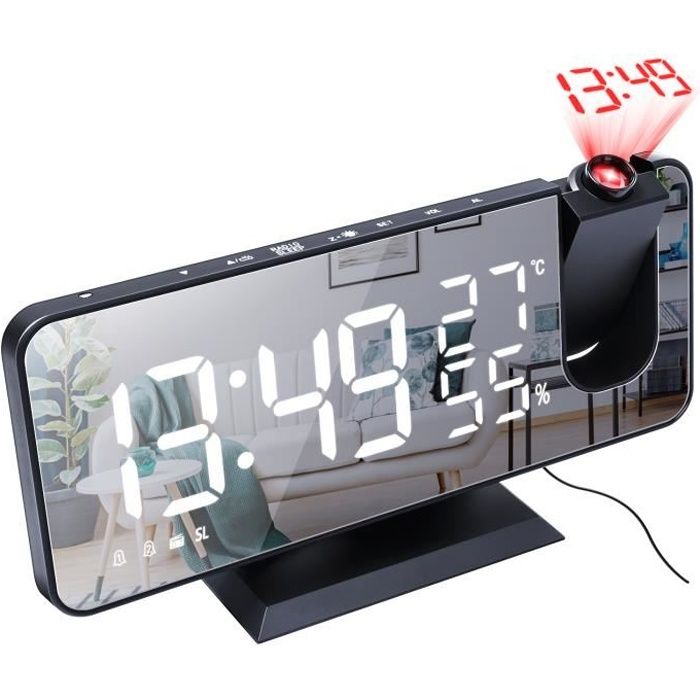 Reveil Projecteur Plafond Reveil Projection 180° Horloge Numérique pour Chambre, Bureau - le noir