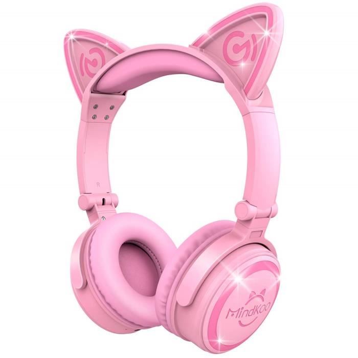 Casque Audio Rose Oreille Chat Lumineux Enfant Garcon Fille Bluetooth Sans Fil Avec Micro Telephone Tablette Ordinateur Manga