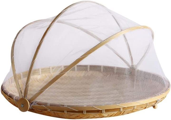 Panier à Fruits Et Légumes En Bambou Tissé à La Main Avec Filet Rond Anti- Poussière En Osier Pour Pique-nique, Nourriture, Pain, Linge