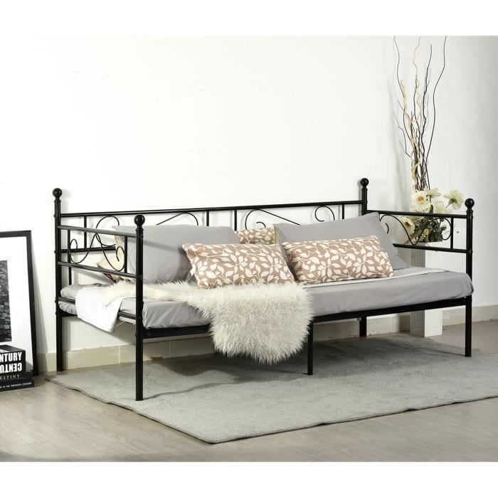 LiePu Lit 90x190cm-canapé lit-Métal-Noir-Style rétro-Sommier inclus